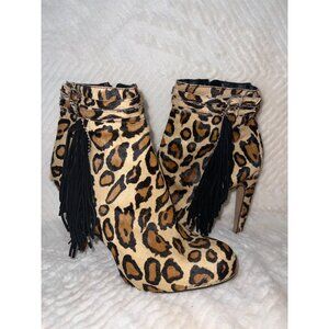 Sam‎ Edelman Keegan Leopard Print Fringe Booties – Size 9.5, Real Dyed Calf Hair